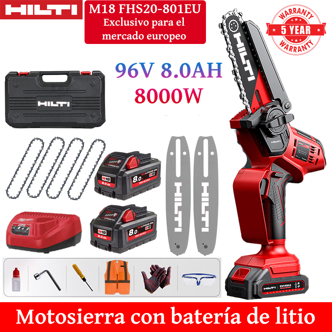 Motosserra elétrica de lítio de 8 polegadas com potência de 8.000 W, equipada com bateria 96V 8,0Ah * 2, carregador, placa guia * 2, corrente * 4, caixa de ferramentas, óleo lubrificante e óculos