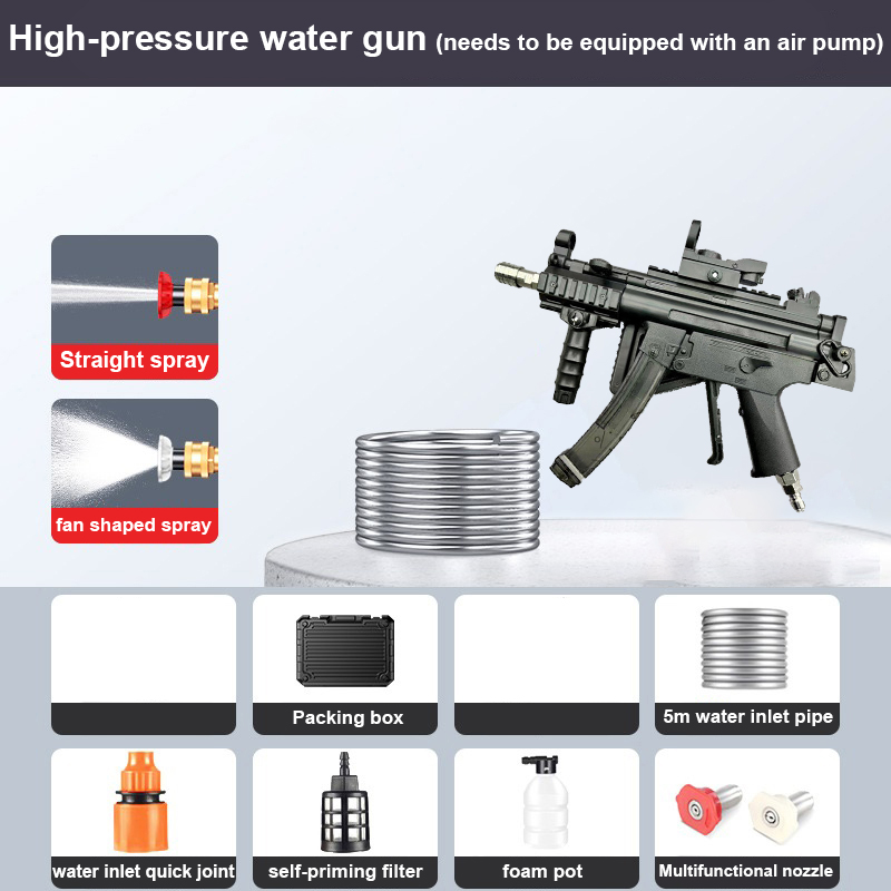 Pistola de água de alta pressão MP5K (deve ser equipada com bomba de ar), pressão de água 350 kg, tubo de entrada de água de 5 metros, caixa de armazenamento, bicos*3, caixa de rega*1, manual de instruções