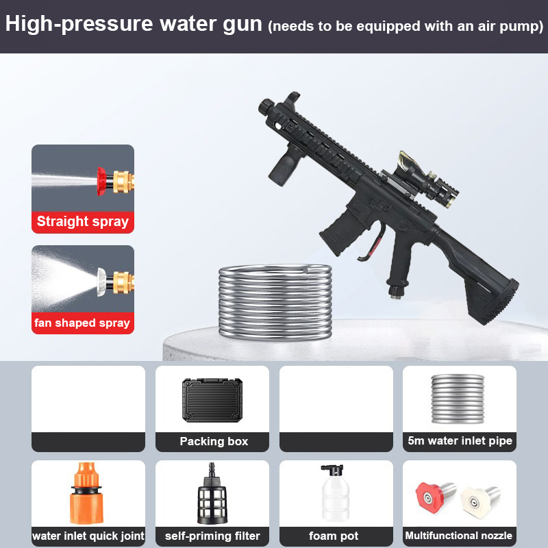 Pistola de água de alta pressão AR15 (deve ser equipada com bomba de ar), pressão de água 350 kg, tubo de entrada de água de 5 metros, caixa de armazenamento, bicos*3, caixa de rega*1, manual de instruções