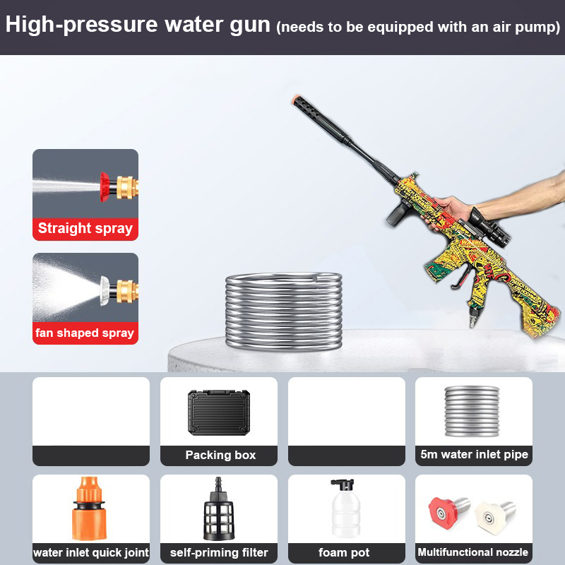 Pistola de água de alta pressão camuflada M416 (deve ser equipada com bomba de ar), pressão de água de 350 kg, tubo de entrada de água de 5 metros, caixa de armazenamento, bicos * 3, caixa de rega * 1,manual de instruções