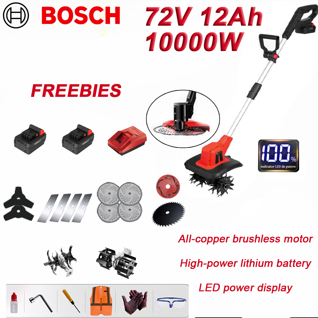 Charrua * 1, cabeça do estripador * 1, bateria de lítio 72 V 12Ah * 2, lâmina triangular * 2, cabeça de remoção de ervas * 1, lâmina de serra circular * 4, lâmina quadrada * 4, lâmina de serra * 1 , carregador rápido *1. Kit de ferramentas * 1, manual de instruções * 1, 10000 W de alta potência, função de exibição de energia, comutação de três velocidades, arranque com um botão, interruptores duplos, motor de núcleo sem escovas feito de cobre puro, 16 horas de funcionamento da bateria, tempo de carregamento de 1,5 H, garantia de 5 anos.