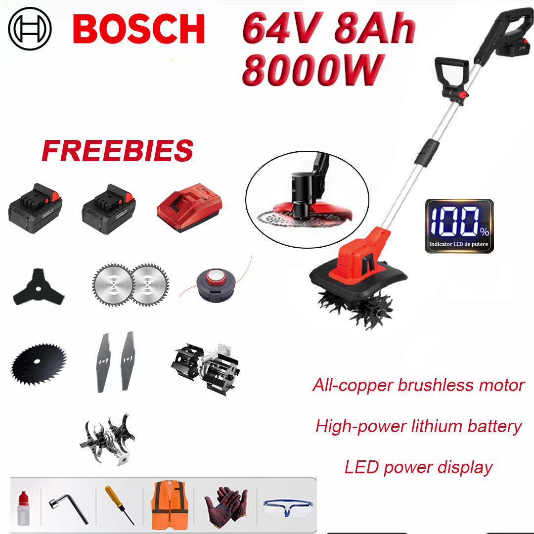 Bateria de lítio 64V 8Ah * 2, 8000 W de alta potência, relha de arado * 1, cabeça do escarificador * 1, lâmina triangular * 1, cabeça de remoção de ervas daninhas * 1, lâmina de serra circular * 2, lâmina de serra quadrado * 2, lâmina de serra dura * 1, carregador rápido * 1, bolsa de ferramentas * 1, função de exibição de energia, interruptor de três posições, botão de alimentação com um clique, interruptores duplos, núcleo do motor sem escovas Cobre puro, 16 horas de duração da bateria, 1,5 horas de tempo de carregamento, 10 anos de garantia .