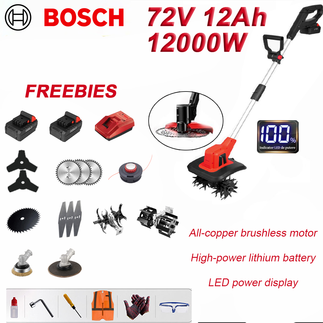 Bateria de lítio 72V 12Ah * 2, 12.000 W de alta potência, cabeça de moagem * 1, lâmina de polimento * 1, relha de arado * 1, cabeça do estripador * 1, lâmina triangular * 2, cabeça de remoção de ervas daninhas * 1, lâmina de serra circular * 3, lâmina de serra quadrada * 3, lâmina de serra dura * 1, carregador rápido * 1, bolsa de ferramentas * 1, função de exibição de energia, interruptor de três posições, ignição de arranque com clique de um botão, interruptores duplos, núcleo de motor sem escovas de cobre puro, bateria de 24 horas, 1 hora de tempo de carregamento, 10 anos de garantia.