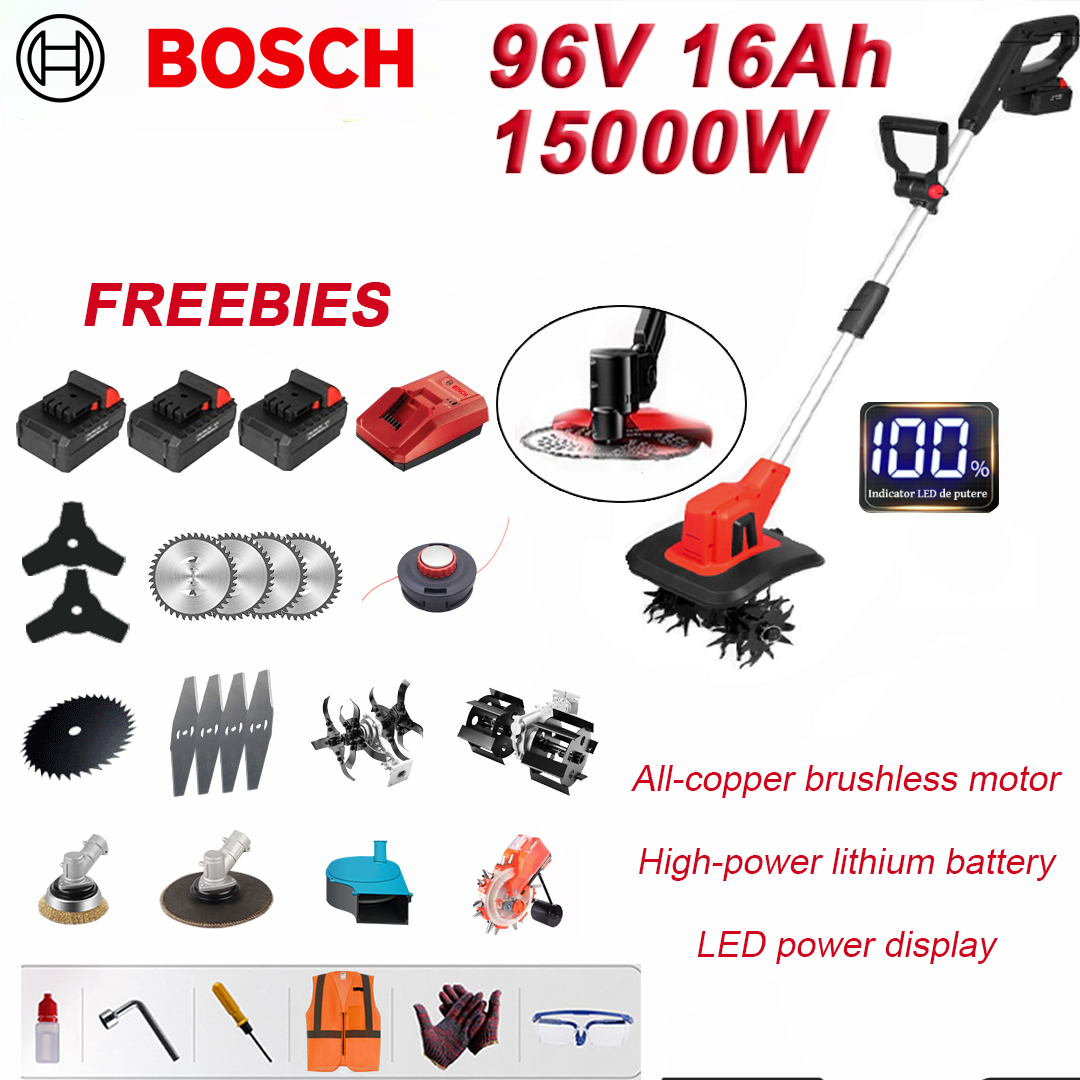 Bateria de lítio 96V 16Ah * 3, 15000 W de alta potência, semeadora * 1, espalhador de fertilizante * 1, cabeça de moagem * 1, lâmina de polimento * 1, relha de arado * 1, cabeça do escarificador * 1, lâmina triangular * 2, cabeça circular de remoção de ervas * 1. lâmina de serra * 4, lâmina de serra quadrada * 4, lâmina de serra dura * 1, carregador rápido * 1, bolsa de ferramentas * 1, função de exibição de energia, interruptor Três velocidades, arranque com um clique do botão de alimentação, interruptor duplo, cobre puro motor central sem escovas, 36 horas de duração da bateria, 50 minutos de carregamento e 10 anos de garantia.