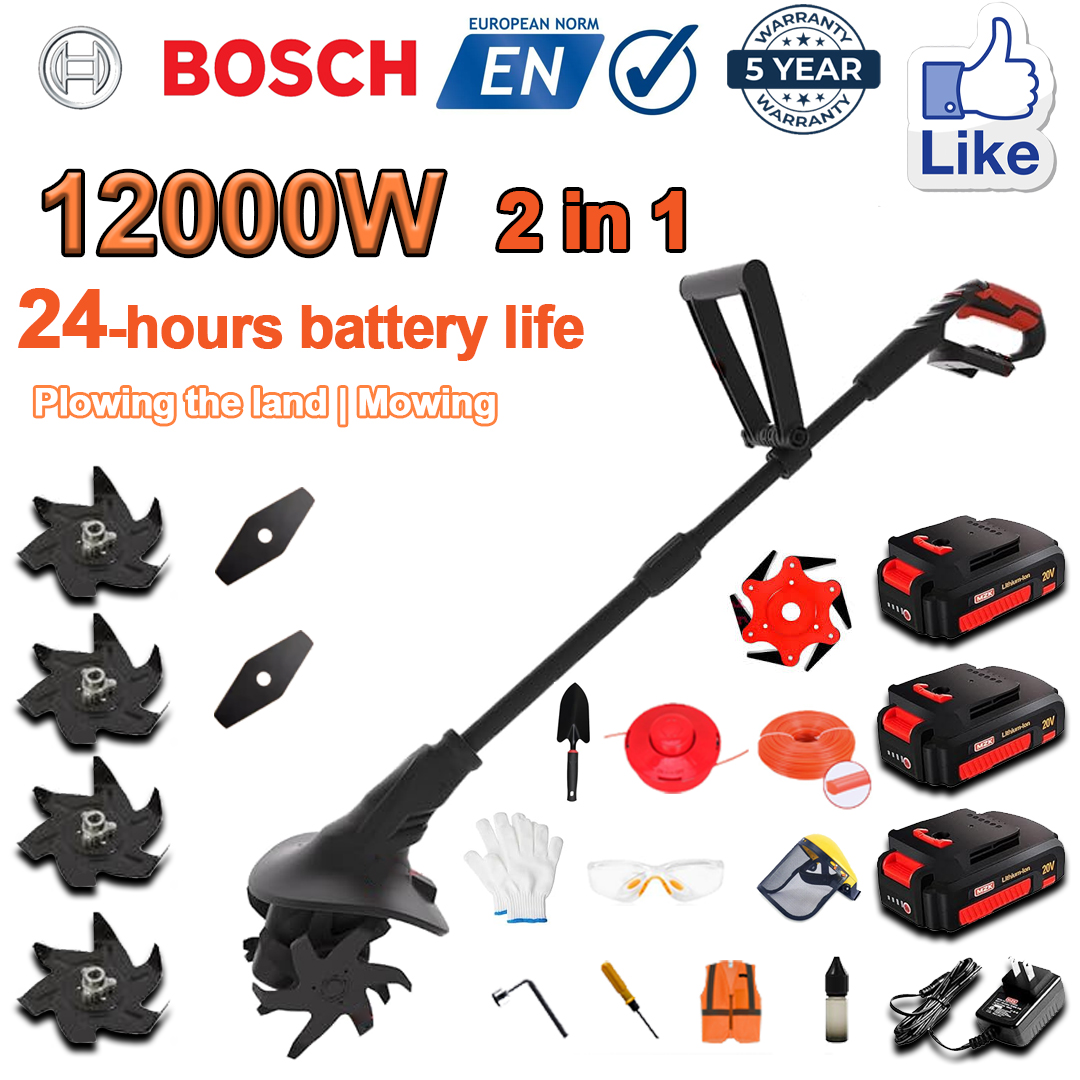 (Vida útil da bateria 24 horas) Arado de 12.000 W + bateria de lítio de 96 V * 2 + carregador rápido * 1 + pá * 1 + cabeça de lâmina reta * 2 + lâminas de arado * 4 + lâmina de serra de liga * 1 + lâmina de corte * 1 + corda de corte * 1 + vários acessórios